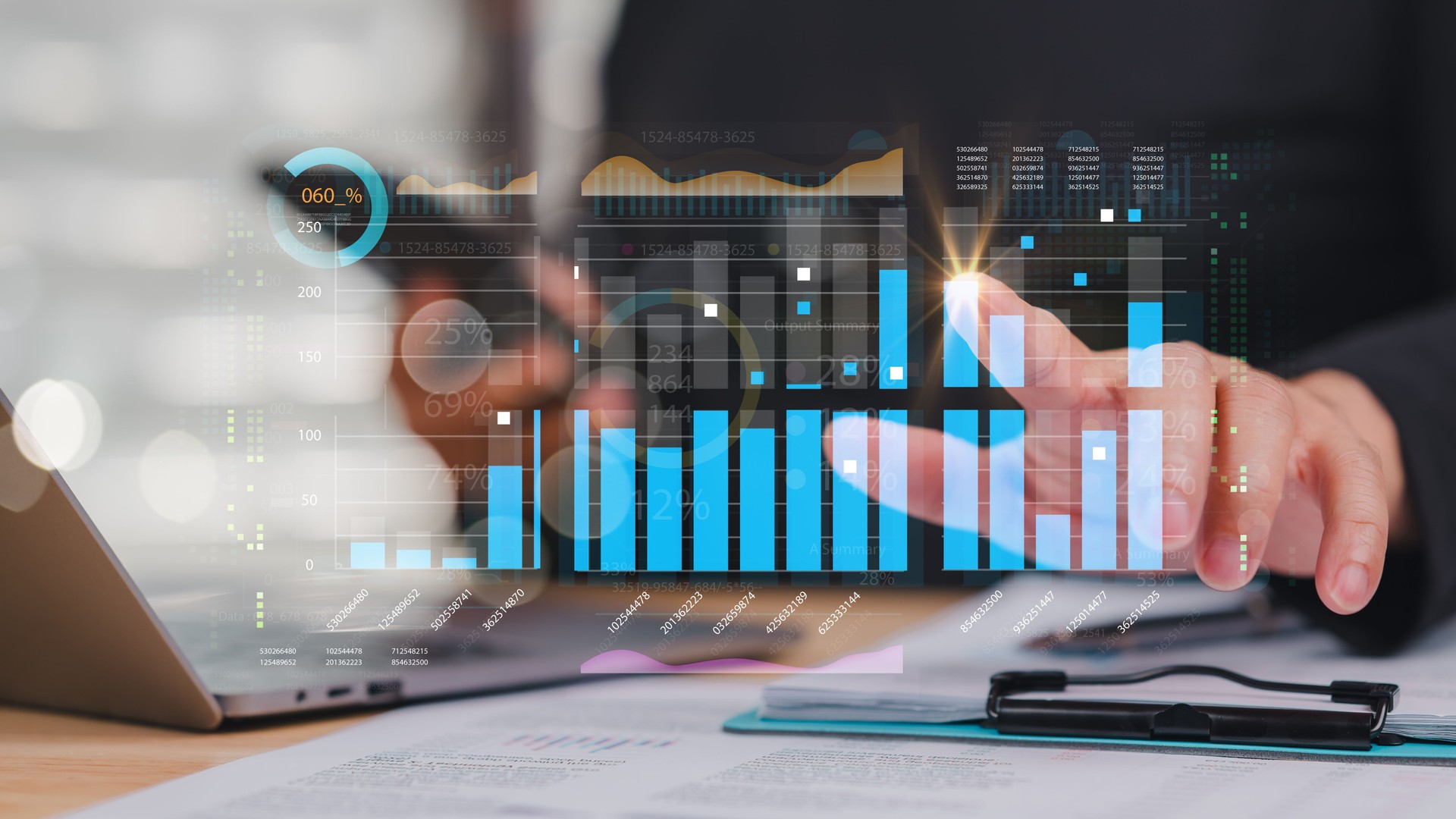 Analyzing Data Insights, Business professional analyzes digital graphs on laptop to gain insights into performance metrics, importance of data-driven decision-making